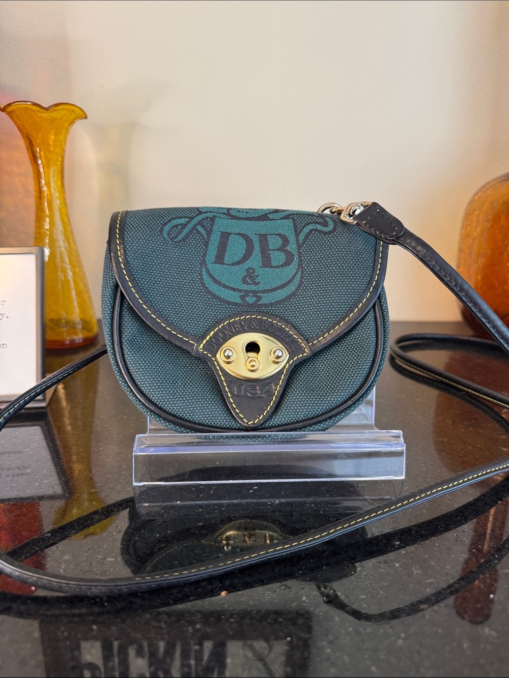 Vintage Made in USA Dooney & Bourke Teal DB Logo Canvas Crossbody w/Black Trim